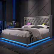 Letto matrimoniale imbottito 180x200 cm in cotone grigio con contenitore; LED e USB Type-C