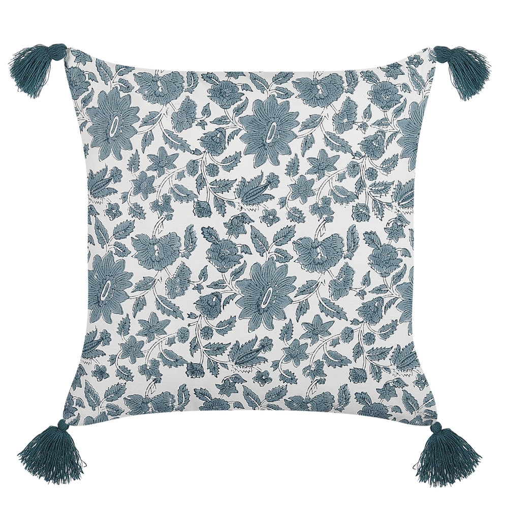 Set di 2 cuscini decorativi cotone bianco e blu 45 x 45 cm motivo geometrico stampa a blocchi con nappe accessori stile boho