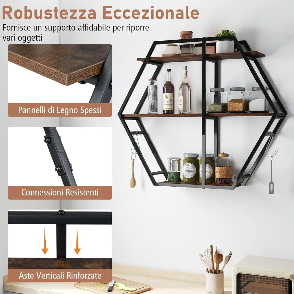 Mensola da Muro, Mensole Esagonali Industriali a 3 Livelli con Ganci e Struttura in Metallo, Mensole Galleggianti per Camera da Letto, Soggiorno e Cucina, 80x18x69,5 cm (Stile 1)