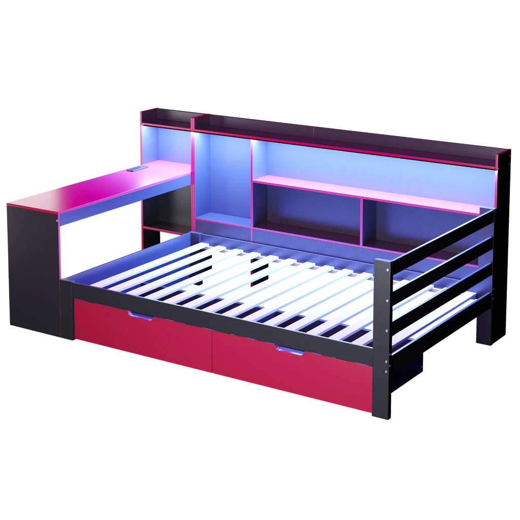 OKWISH Letto a Divano 90×200 cm, Letto Singolo con Scrivania, Libreria, 2 Cassetti, LED e Prese USB, senza Materasso, Nero e Rosso