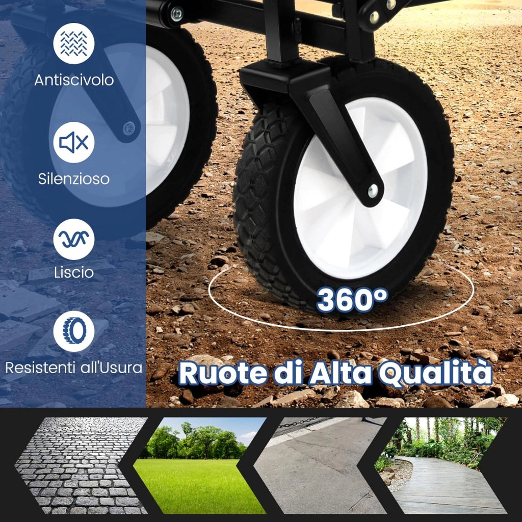 Carrello da Spiaggia Pieghevole, Carrello con Ruote Portatutto con Maniglia Regolabile, 2 Tasche a Rete e Portabicchieri, Carretto Giardino Portatile per Campeggio, Shopping e Mare (Nero)