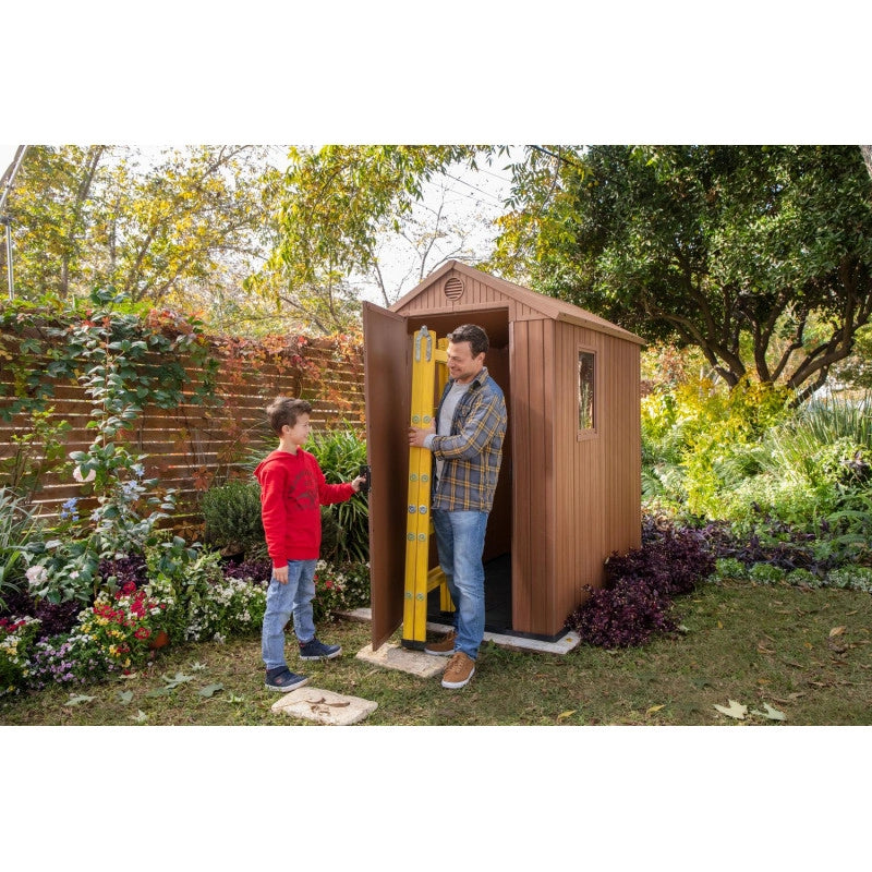 Casetta da giardino in resina EVOTECH+ effetto legno 125,8x184,5x205,1 cm - con pavimento rialzato e finestra laterale - Marrone – Keter