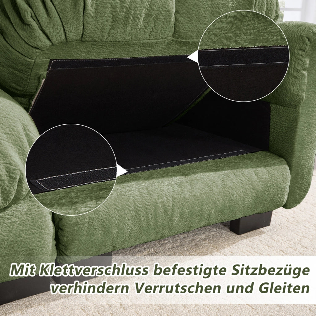 Divano modulare a U in ciniglia con pouf mobili; verde