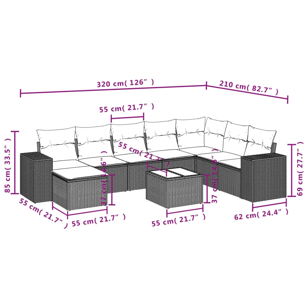Set Divano da Giardino 9 pz con Cuscini Beige in Polyrattan 3222967