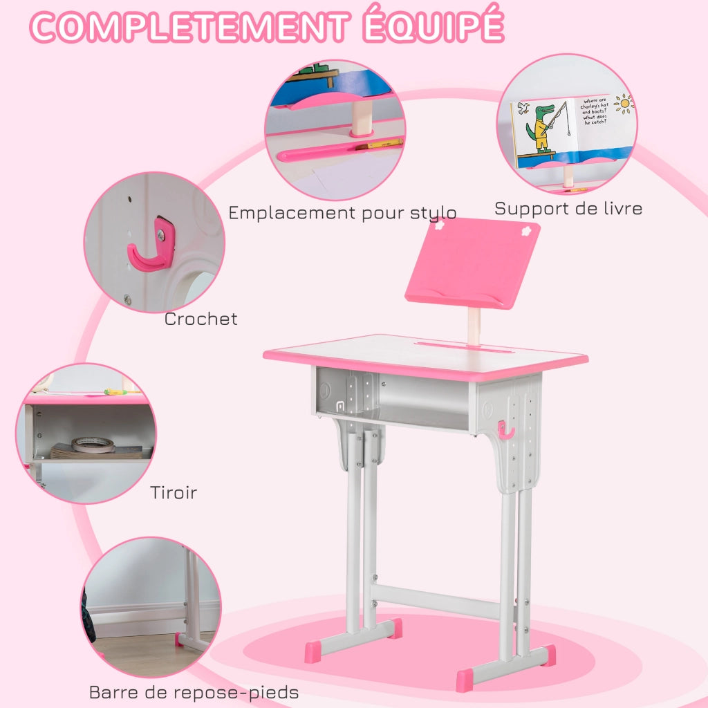 Scrivania per bambini con sedia e ripiani ¨C zephmum ¨C rosa 60x45x90-102 cm