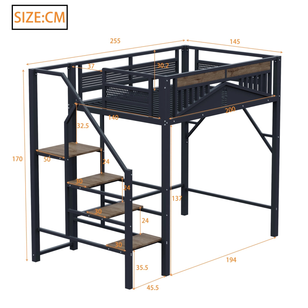 OKWISH Letto a soppalco 140×200 cm, Letto Matrimoniale con Scala di Sicurezza, Spazio Contenitore sotto la Scala e Sponda a Finestra, senza Materasso, Nero