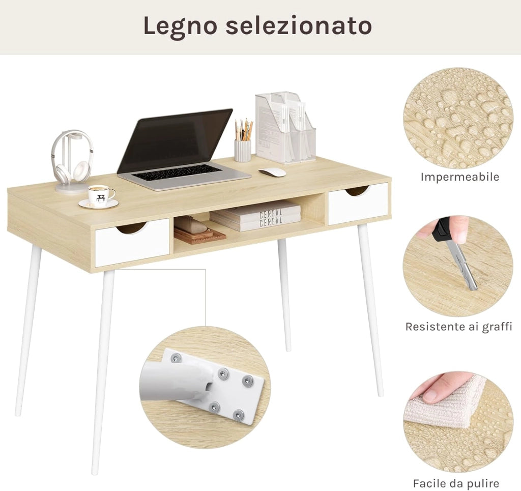 Scrivania Bianca con 2 Cassetti e Ripiano - 120x58x75cm Tavolo Quercia PC per Soggiorno - Telaio Metallo