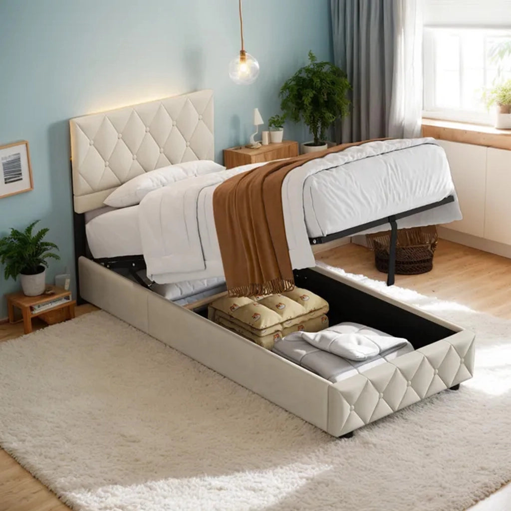 Letto singolo imbottito beige in velluto, struttura MDF ferro, supporto centrale