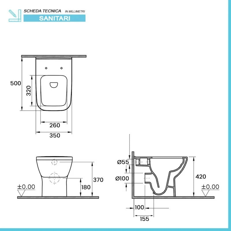 Sanitari filomuro senza brida bianco lucido con sedile soft-close  Plana