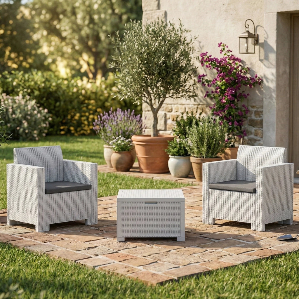 Salottino da esterno Apis, Set da giardino con cuscini, Salottino  effetto rattan, 100% Made in Italy, Bianco
