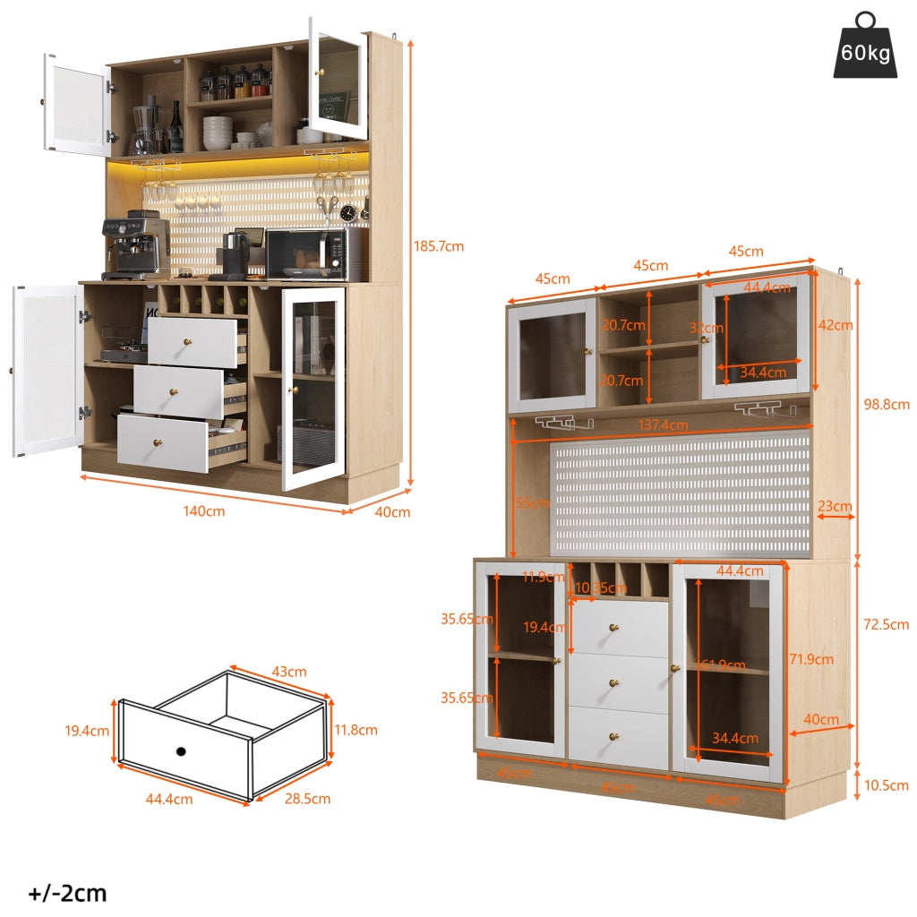Colonna da cucina con LED, porta calici e ripiani regolabili, MDF e vetro, bianco 140 × 40 × 185,7 cm