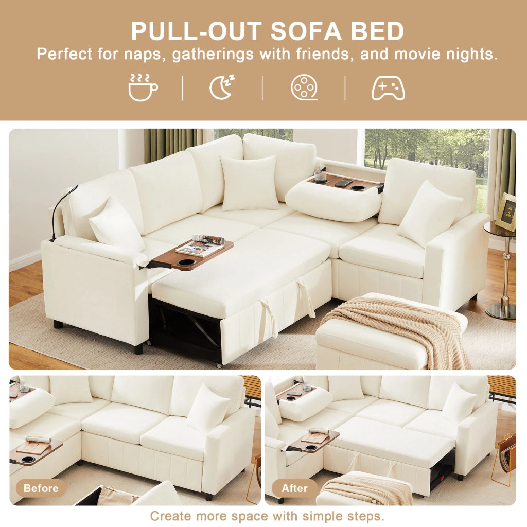 Divano angolare convertibile con funzione letto, tavolino ribaltabile, lampada, USB e Type-C, in Chenille, Beige