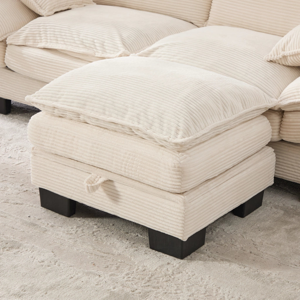 Divano modulare 4 posti con pouf, USB-C e tasche laterali, in velluto a coste, Beige, 330 × 132 × 84 cm