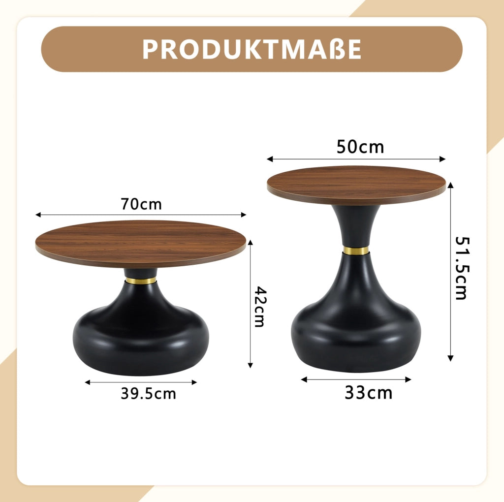 Set di 2 tavolini rotondi impilabili; piano effetto noce; metallo nero