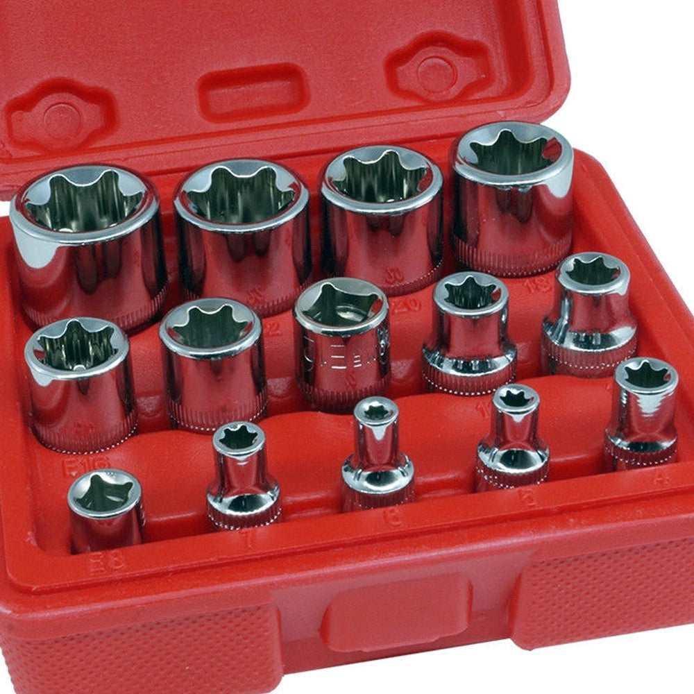 Trade Shop - Set Kit 14 Pz Chiavi A Bussole Torx In Lega Da 4 A 24 Mm Attacco 1/2" 1/4" 3/8" -