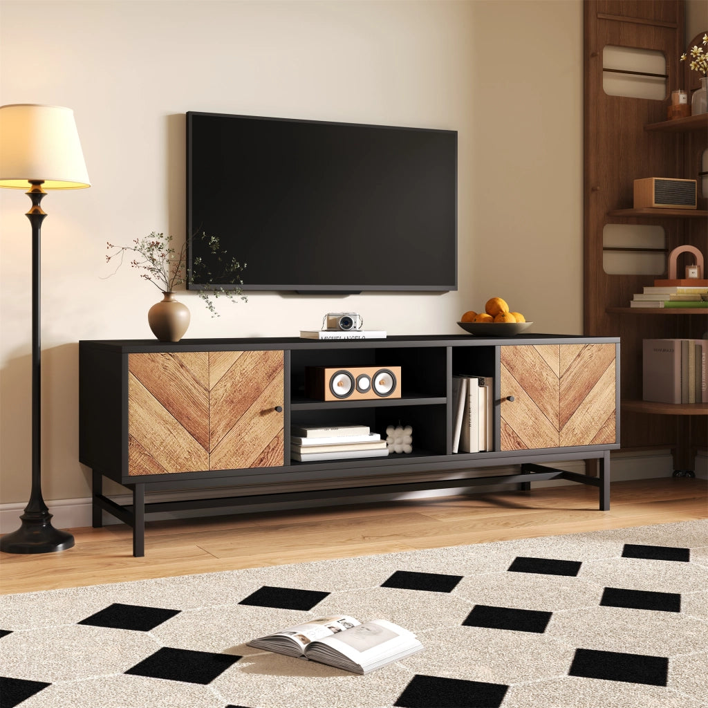 OKWISH Mobile TV con 2 Ante e 3 Vani, Gambe in Metallo, Stile Moderno, per Soggiorno, 150 x 38 x 55 cm, Nero