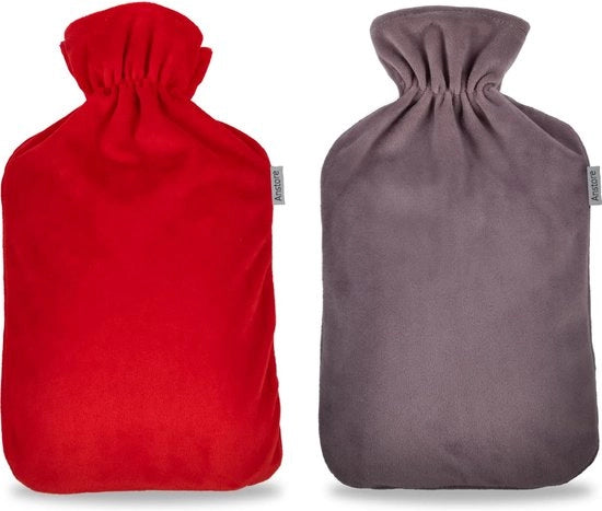Copri bottiglia d'acqua calda, 2 pezzi, velluto soffice in corallo, copertura per 2 litri di bottiglia d'acqua calda, grigio e rosso (senza bottiglia d'acqua calda)