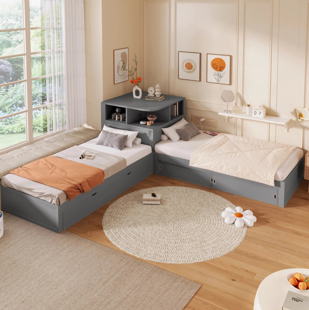 Letto singolo 90x200 cm con letto estraibile; contenitore con ante scorrevoli e luce notturna; grigio