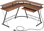 Scrivania angolare per computer a forma di L con 2 prese di corrente, supporto per tastiera, scrivania per computer con 2 porte USB, 130 x 130 x 86 cm (marrone)