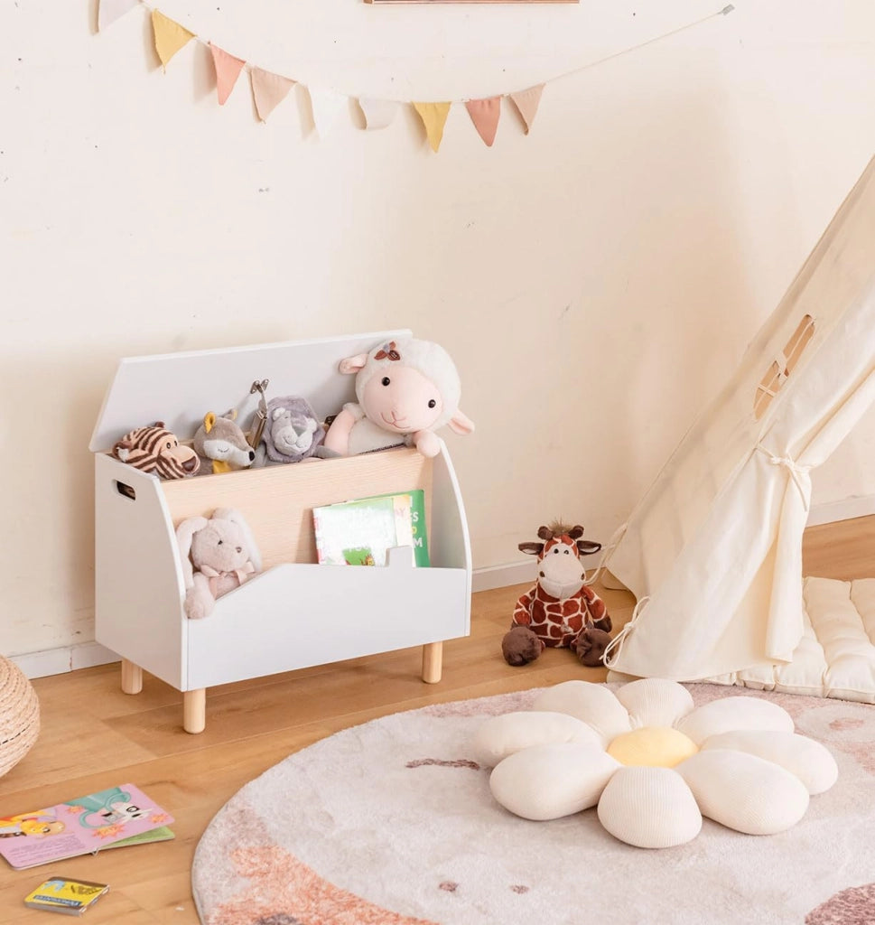 Libreria 2 in 1 per bambini e giocattoli, scatola per giocattoli con coperchio e ripiano aperto, scaffale per bambini con gambe in legno massello, scaffale per la cameretta dei bambini