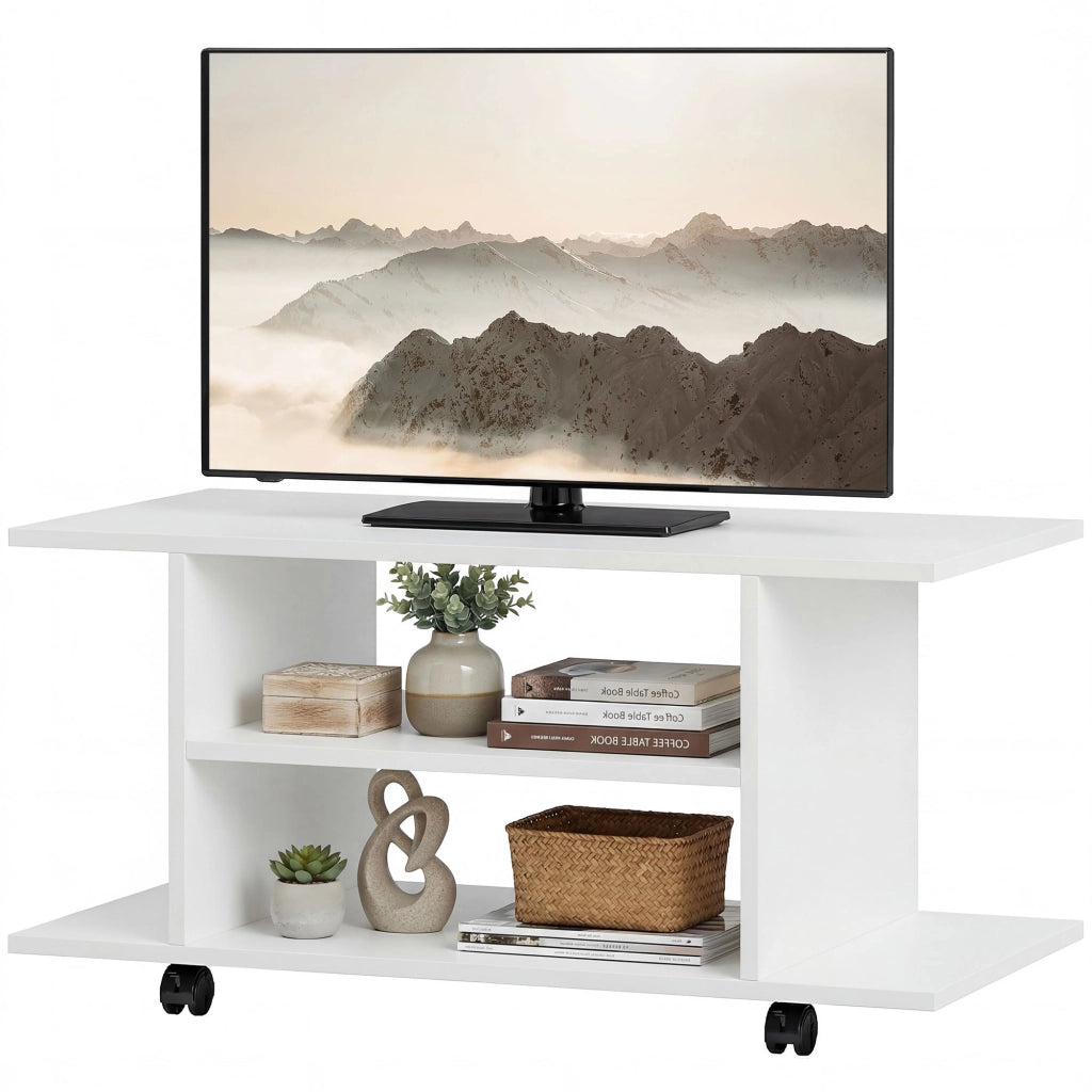 Mobile Porta TV Moderno con Ripiani. Ruote Girevoli e Freni. 80x40x40 cm. Bianco