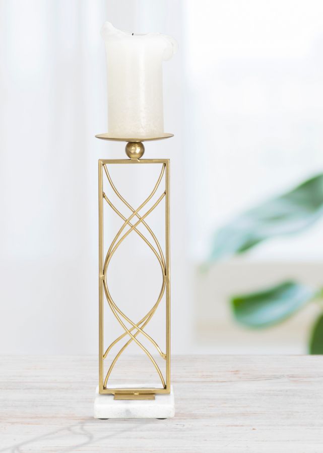 Portacandele Exy 10x10x35 cm in Ferro e Marmo Oro e Bianco