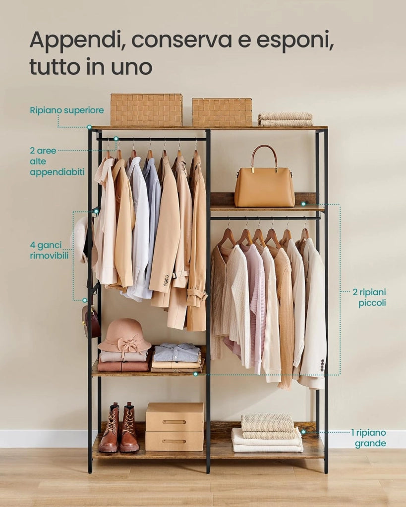 Guardaroba, Stand Appendiabiti, Armadio Aperto con Aste per Appendere, Ripiani Portaoggetti, Ganci Rimovibili, 118 x 40 x 181 cm, Marrone Vintage RGR025B01