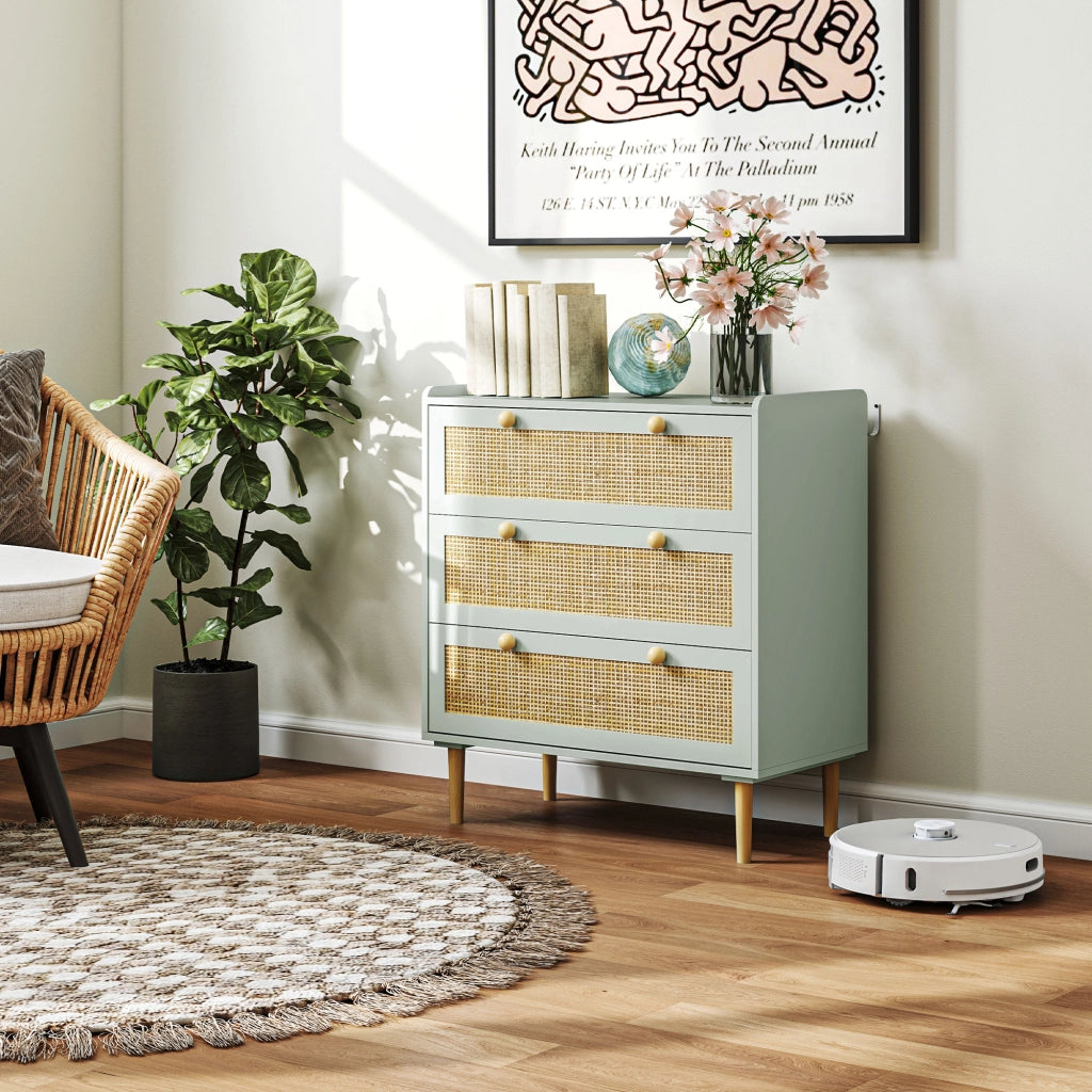 Cassettiera con 3 Cassetti, Fronte in Rattan, MDF ¨C zephmum ¨C Verde
