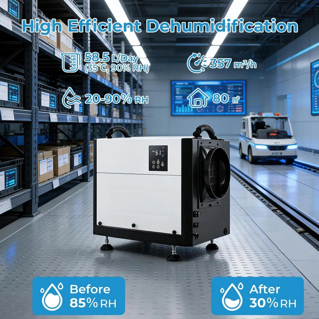 Deumidificatore Elettrico 58,5 L/Giorno, 357 m³/H, Deumidificatore Professionale 3 Modalità, Tubo di Scarico, Filtro Rimovibile, per Cantine, Magazzini, Scantinati (Bianco, 52 X 35,5 X 35 CM)