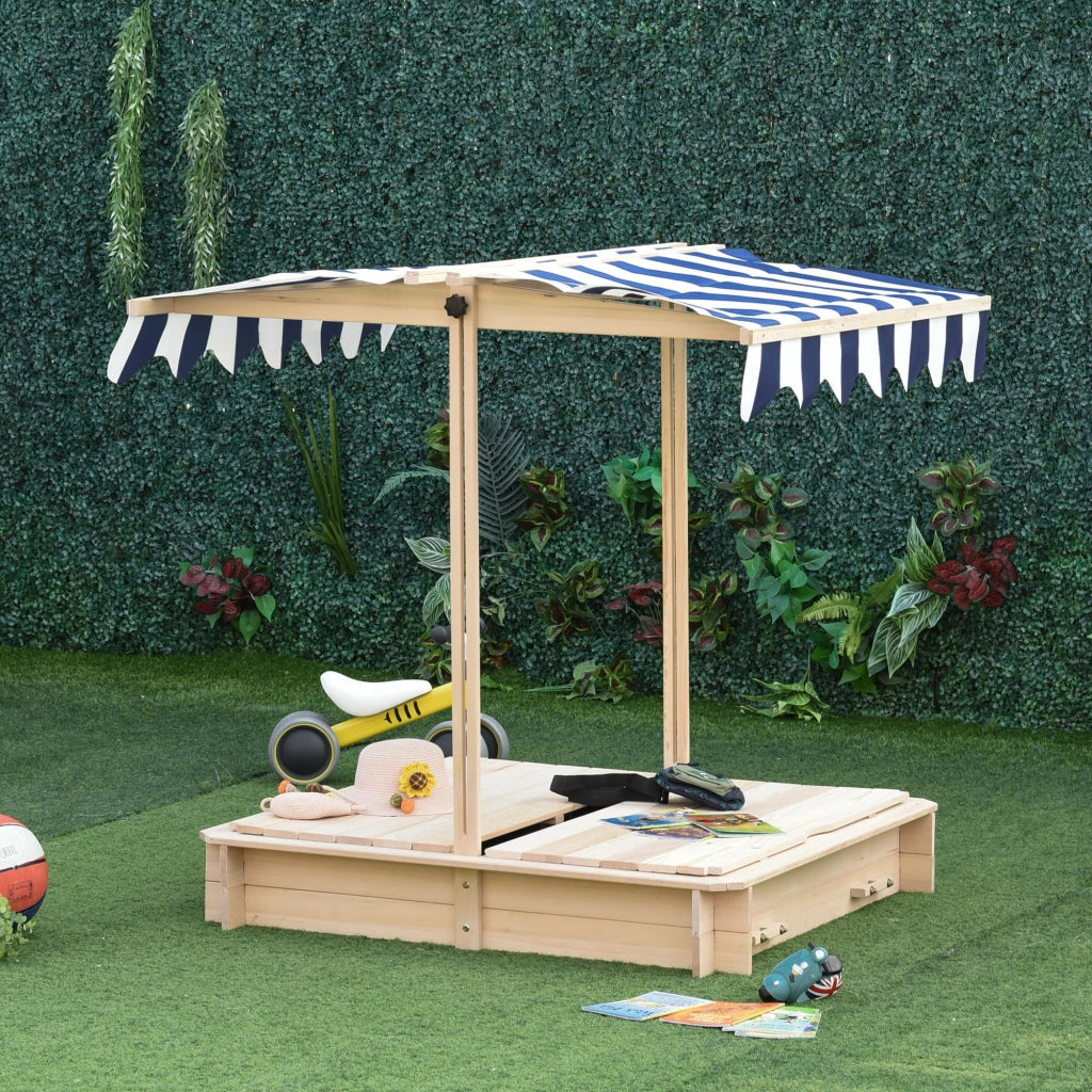 Sabbiera per bambini con tettoia regolabile e panchine - Xylo - Legno naturale 106x106x115 cm
