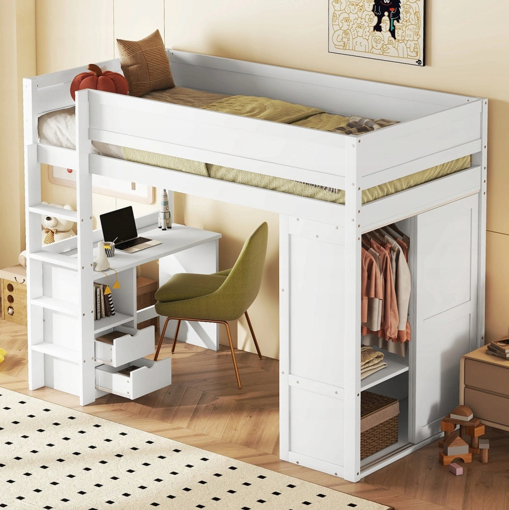 Letto a castello con armadio, scrivania e cassetti - Xylo - 90x200 - Bianco