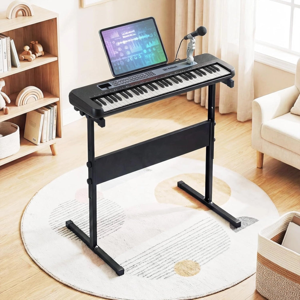 Tastiera Pianoforte Elettrica a 61 Tasti, Giocattolo Musicale da Interno con Supporto Regolabile, Microfono e Leggio, Strumento Digitale Educativo per Bambini e Bambini 3+ Anni (Nero)