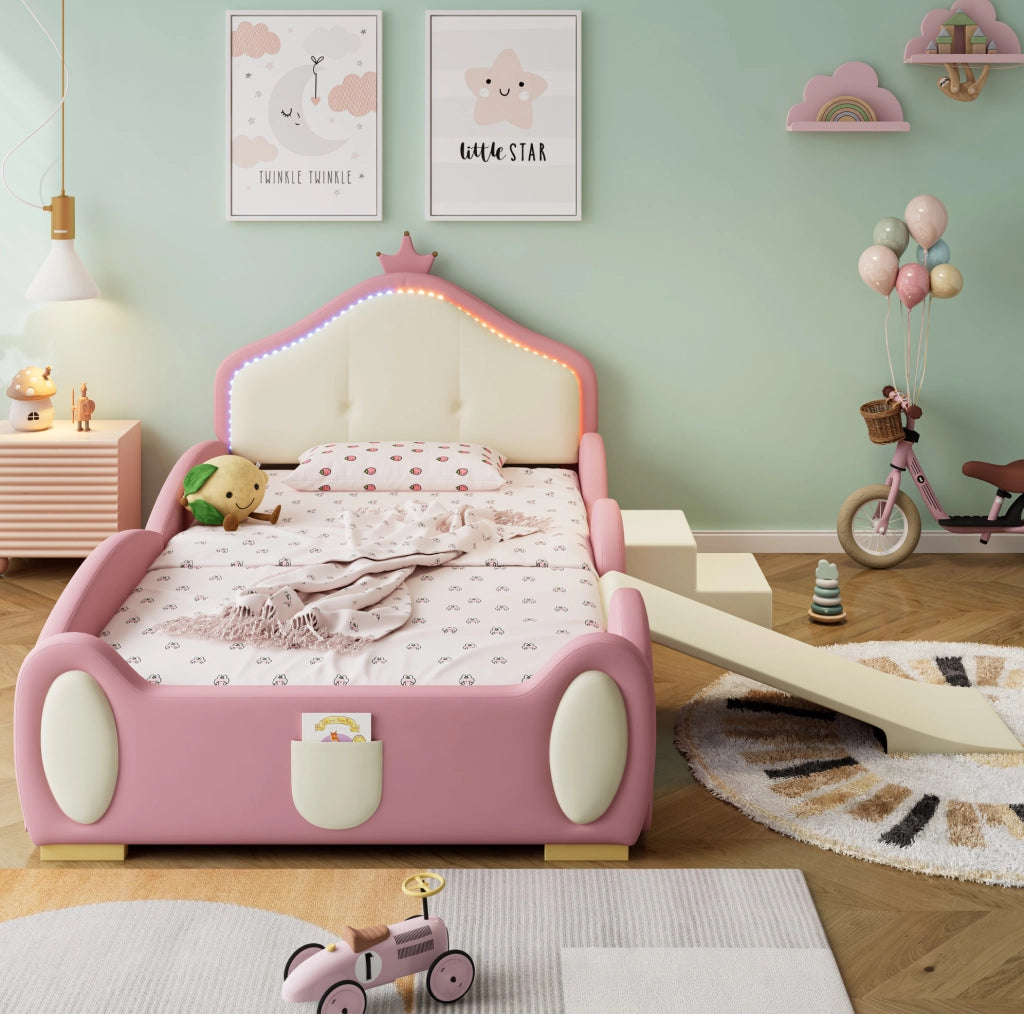 Letto imbottito 90x200 cm con LED; scivolo e scaletta in PU rosa e beige