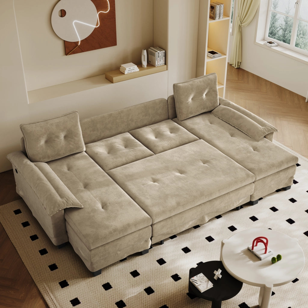 Divano Letto Angolare Modulare ¨C MINIMAL ¨C Velluto Cammello, USB, Braccioli Removibili, 278 cm