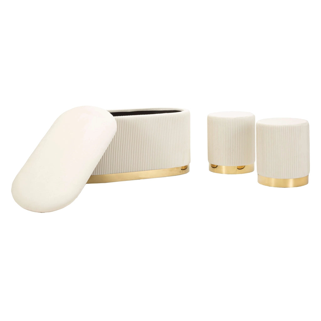 Soroti, Panca con due Sgabelli, Panca Contenitore, 80x37x42h cm Bianco Crema