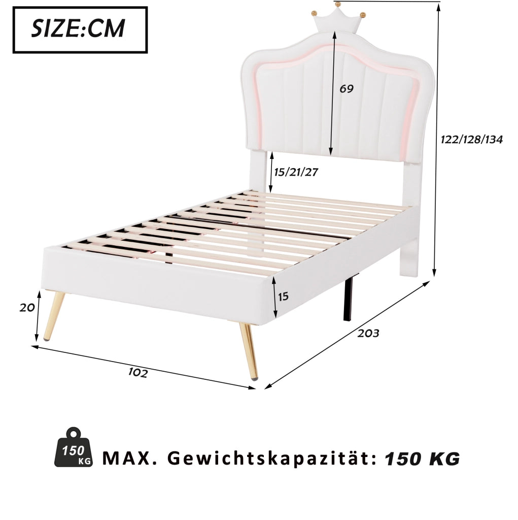 Letto imbottito 90x200 cm; 140x200 cm; testiera a conchiglia con LED; MDF ecopelle e metallo; bianco (Senza materasso)