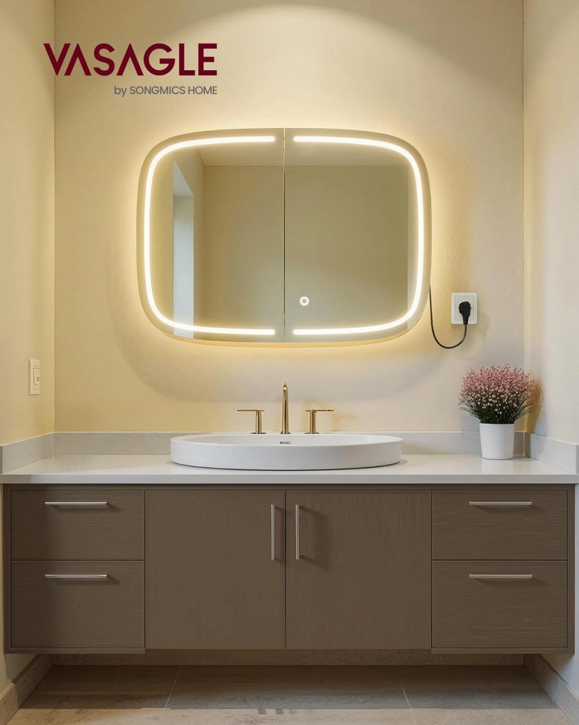 VASAGLE Armadietto Bagno da Parete con Specchio e Luce, Mobiletto Pensile Bagno con Stazione di Ricarica, 2 Ripiani Regolabili, Angoli Arrotondati, Nero Inchiostro BBK128B01V1