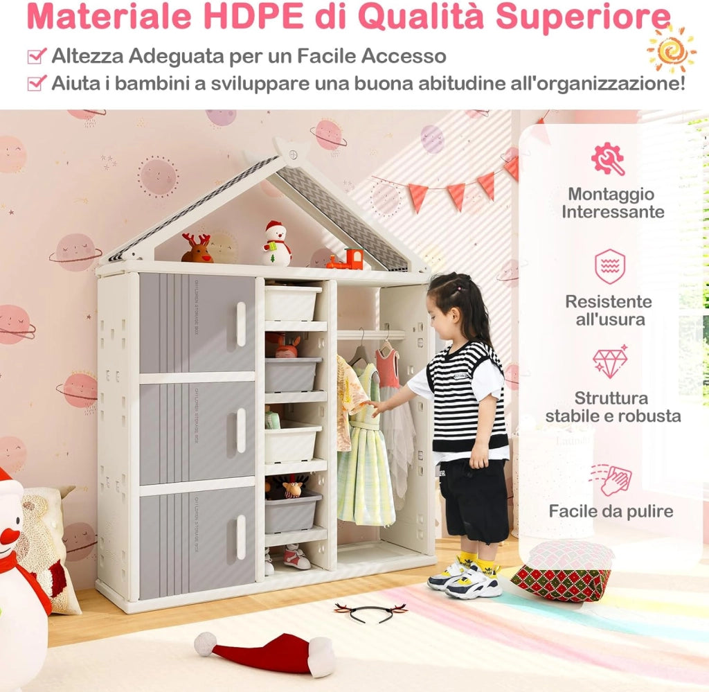 Armadio per Bambini, Organizzatore a Forma di Casa con 1 Lavagna, 3 Armadietti, 4 Cestini, 3 Cubi Chiusi e 3 Cestini Laterali, Armadietto Salvaspazio per Camera da Letto e Soggiorno (Grigio)