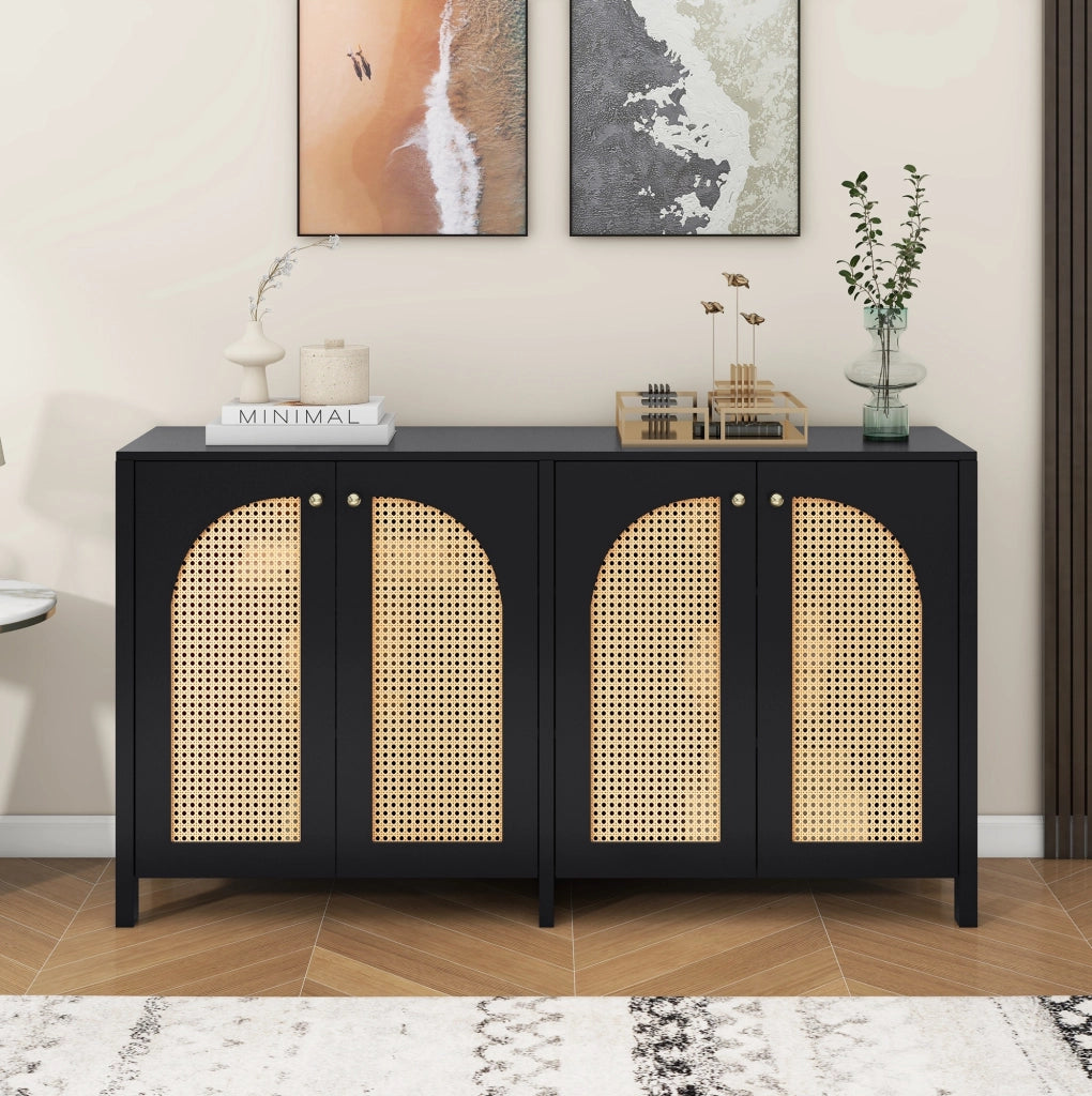 Credenza a 4 ante in MDF e rattan PE; nera