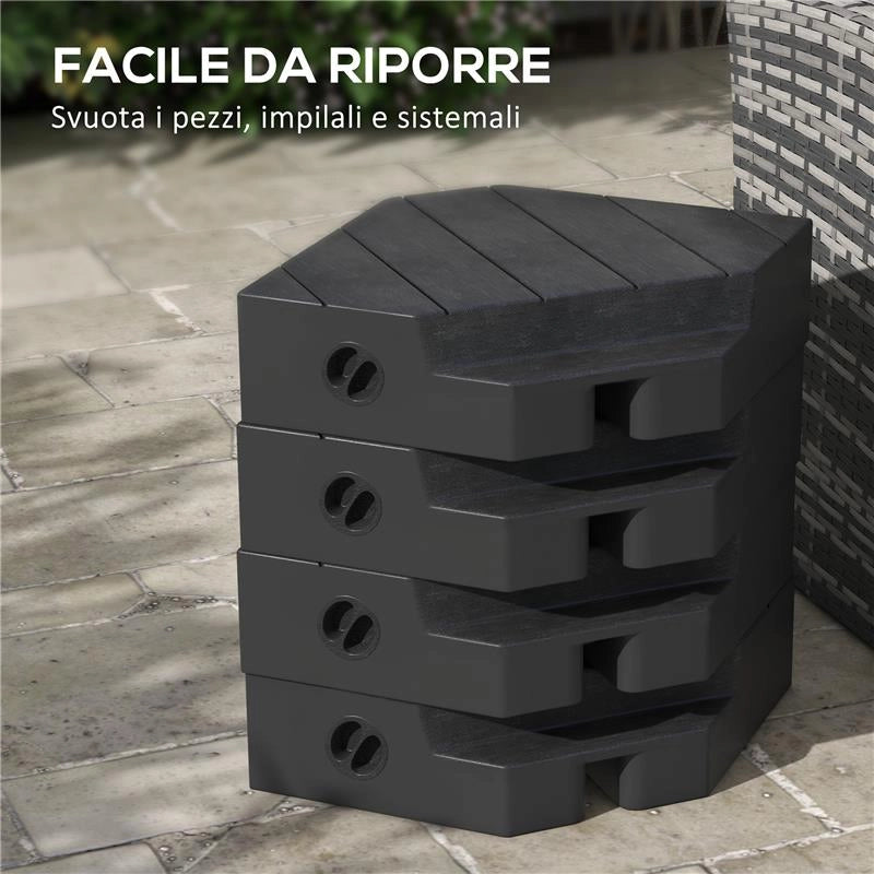 SET 4 MATTONELLE BASE PER OMBRELLONE A BRACCIO RIEMPIBILI CON ACQUA O SABBIA FINO A 80 KG NERO