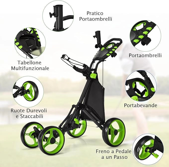 Carrello da Golf a Spinta e a Trazione, Carrello Golf Pieghevole Leggero a 4 Ruote con Borsa Impermeabile, Freno a Pedale, Porta Tazza e Porta Ombrello Regolabile(Verde)