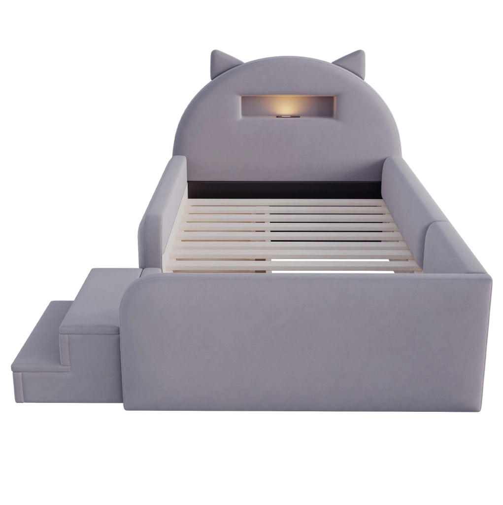 Letto imbottito 90x200 cm con contenitore; luce notturna e USB in velluto grigio scuro