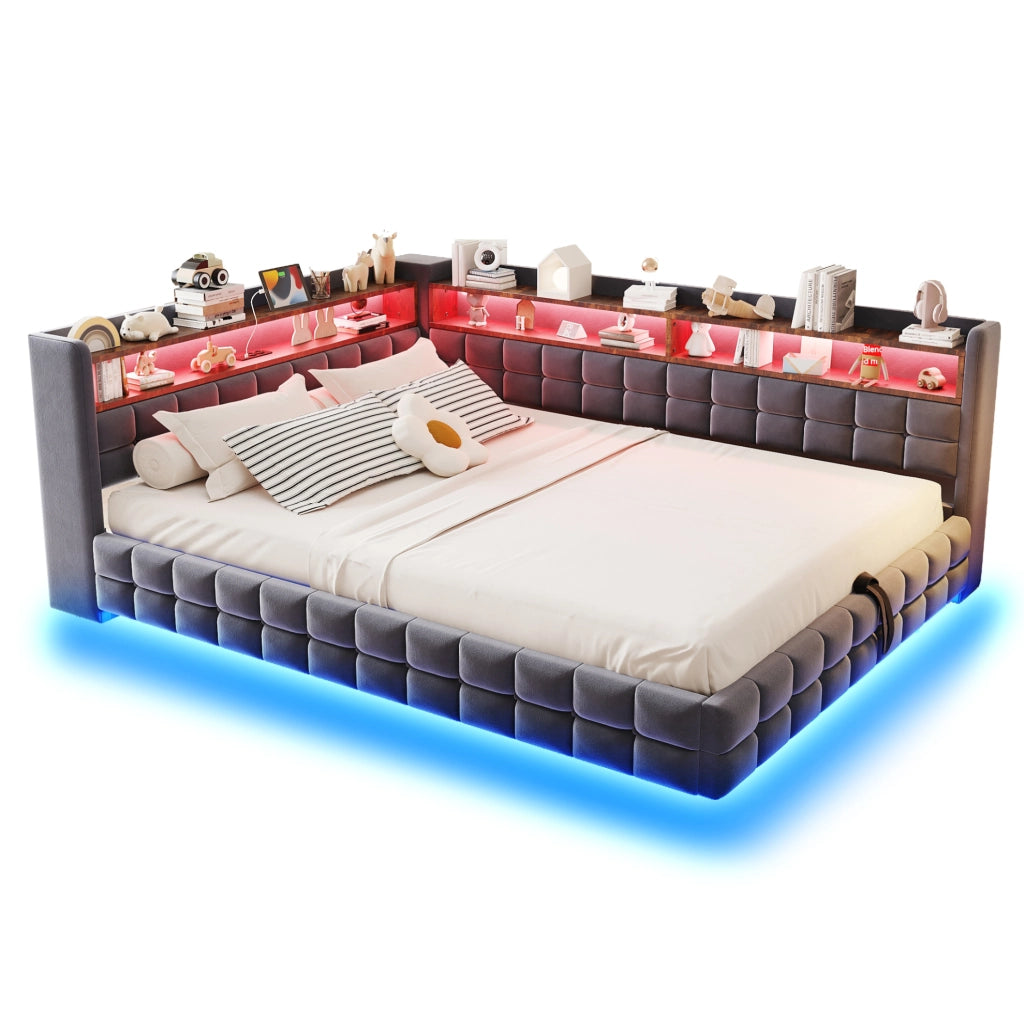 Letto imbottito divano letto 140x200 cm con contenitore idraulico; LED; USB e Type-C; grigio