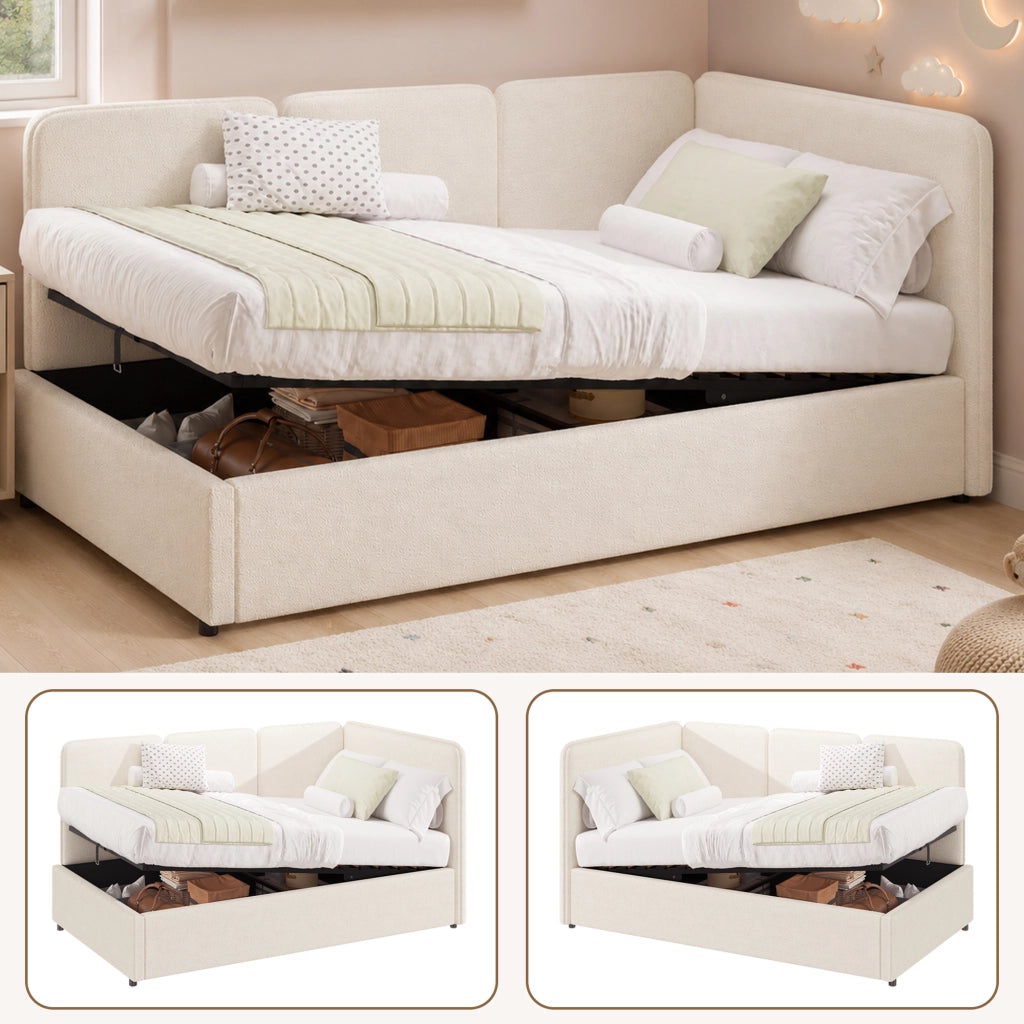 Letto per bambini 90 × 200 cm con contenitore idraulico, senza materasso, in bouclé, beige
