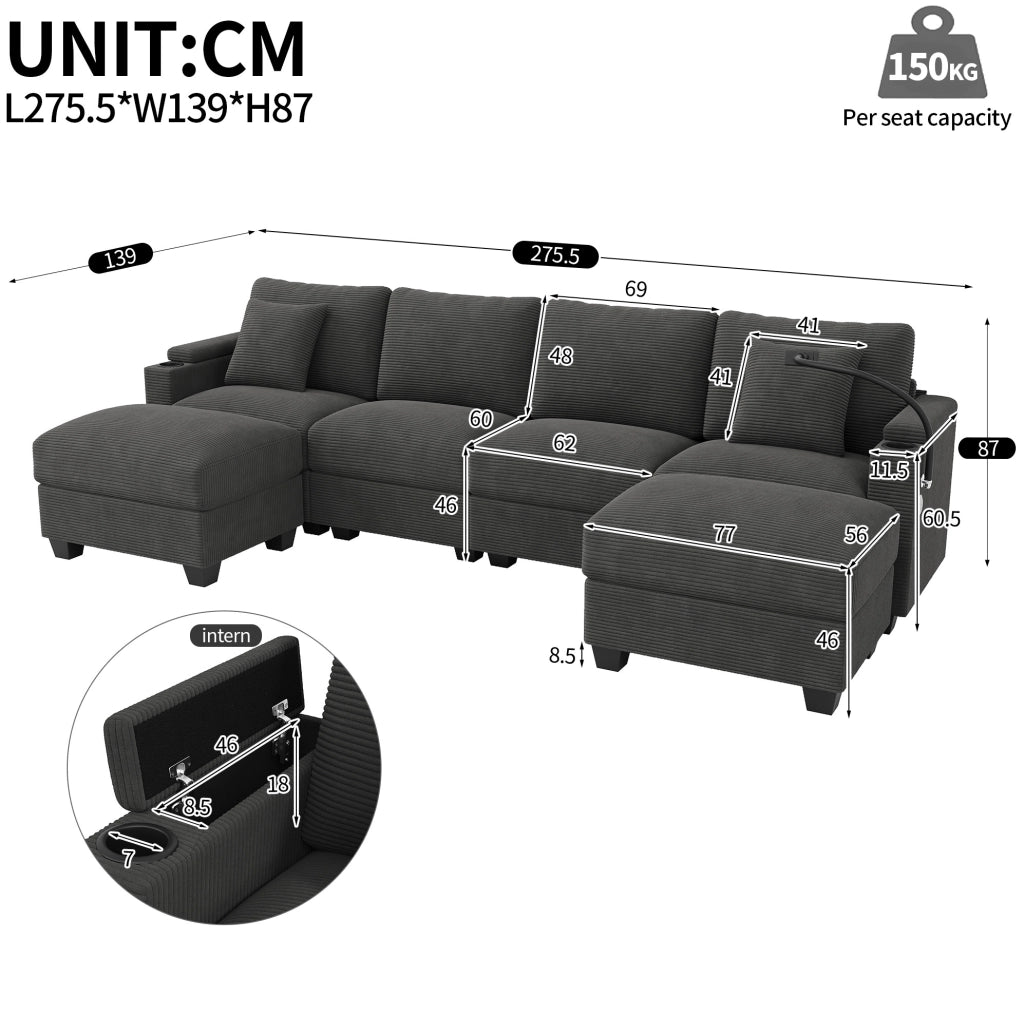 Divano modulare in velluto a coste grigio con USB-C, 275,5 cm