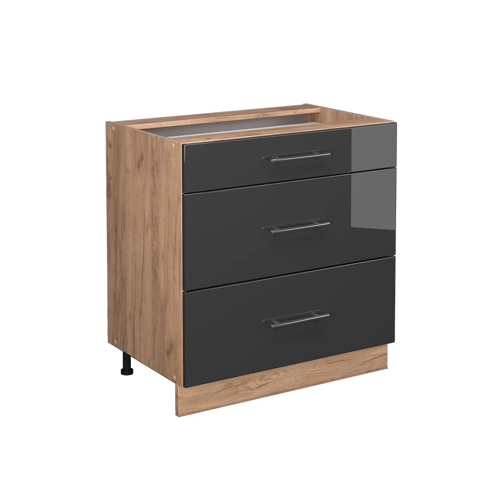 Mobiletto base per cucina Fame-Line Antracite lucido/Rovere dorato 80 cm con 3 cassetti, senza piano di lavoro Vicco
