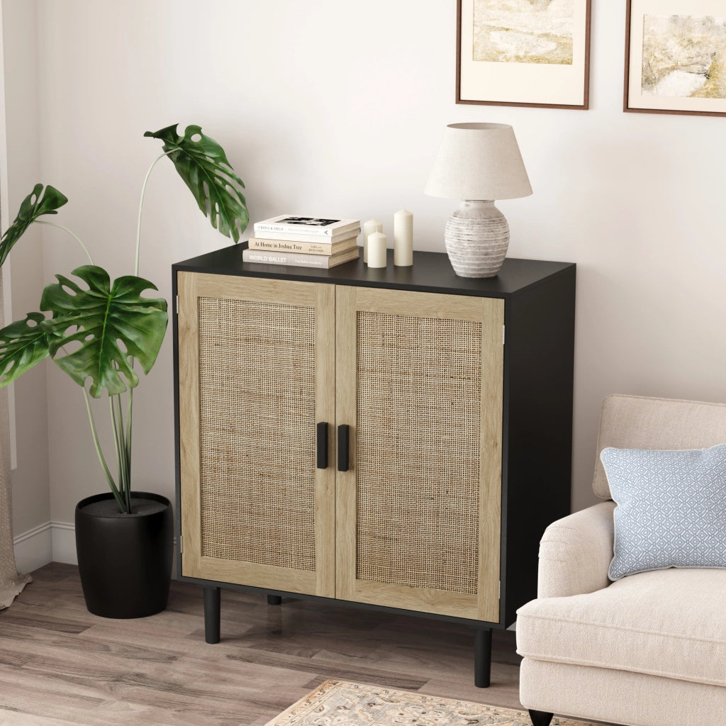 Mobile contenitore 80 cm a 2 ante nero con rattan