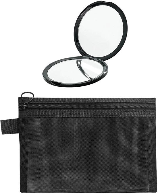 Specchietto da viaggio compattabile - specchio portatile - specchio pieghevole - specchio per trucco - specchio pieghevole in nylon nero - dimensioni 22,5x18,5 cm - contenuto in una tasca di nylon nera
