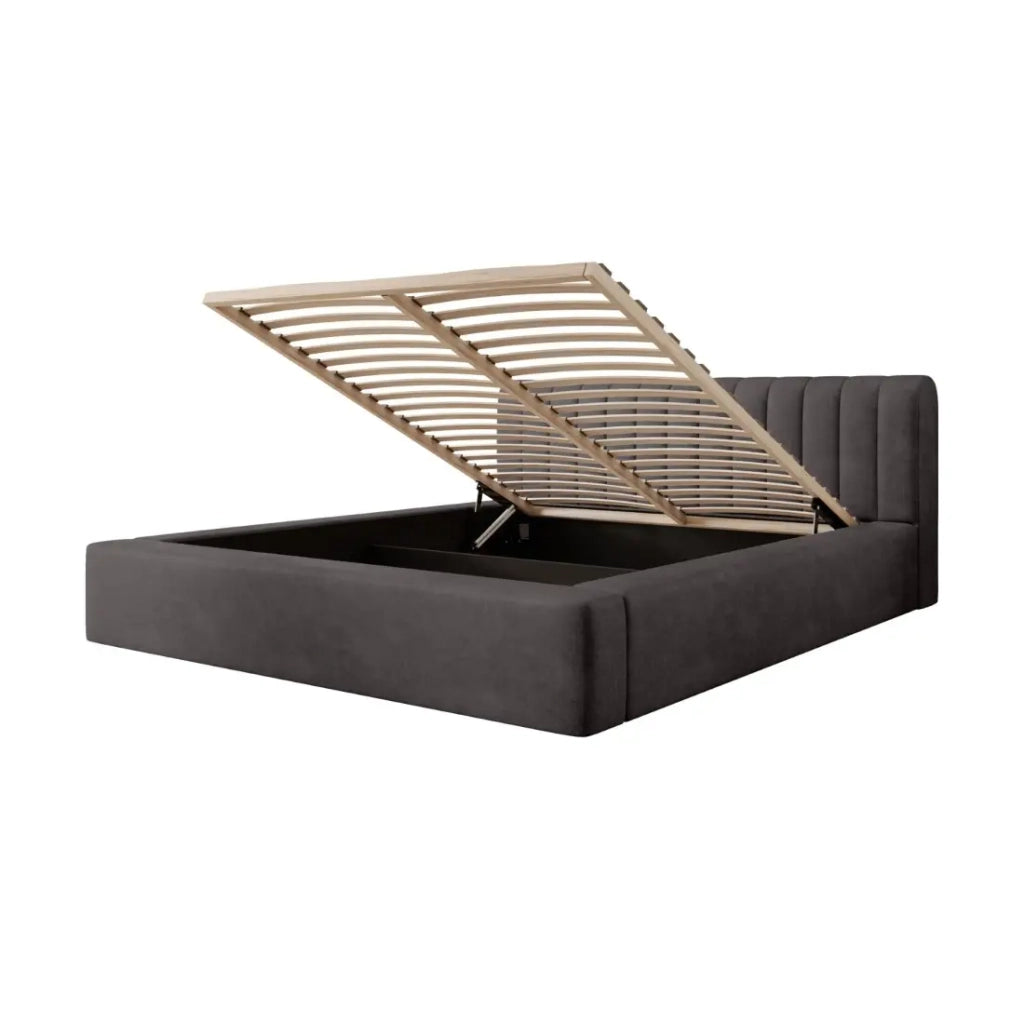 Letto contenitore CERVIN – Velluto morbido Carbone minerale – 180x200 cm – Rete sollevabile – Design contemporaneo