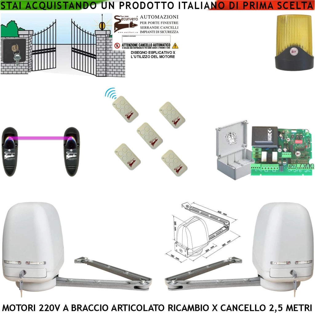 Automatismo Braccio Articolato 2 Motori 220 V Apricancello 5 Metri Automazione 2 Ante da 0,5 Fino a 2,5 Metri Centrale CBR 5 Radiocomandi Fotocellule Selettore